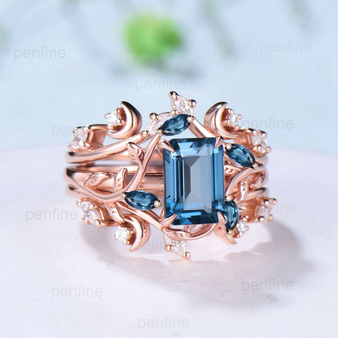 Art Deco emerald cut London blue topaz engagement ring set nature inspired deep blue wedding set double leaf vine moon topaz bridal ring set - PENFINE