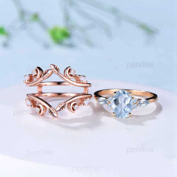 Vintage Oval Aquamarine Engagement Ring Set Leaf Bine Aquamarine Wedding Ring March Birthstone Double Curved Moon Opal Twig Bridal Set women - PENFINE