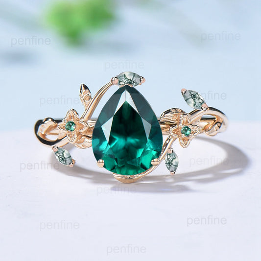Elegant Pear Shaped Emerald Engagement Ring Nature Inspired Aquatic Agate Wedding Ring Flower Crystal Anniversary Ring Branch Leaf Vine Ring - PENFINE
