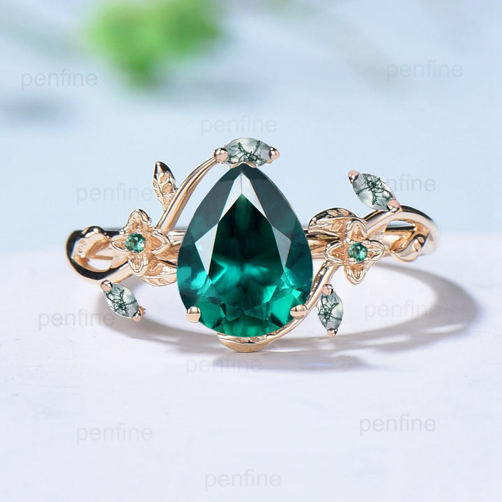 Elegant Pear Shaped Emerald Engagement Ring Nature Inspired Aquatic Agate Wedding Ring Flower Crystal Anniversary Ring Branch Leaf Vine Ring - PENFINE