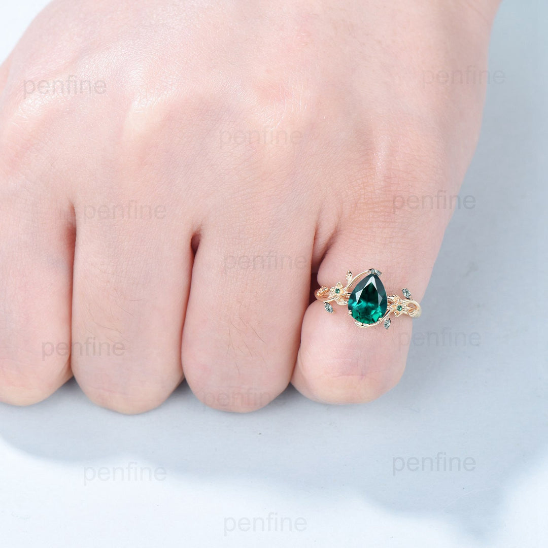 Elegant Pear Shaped Emerald Engagement Ring Nature Inspired Aquatic Agate Wedding Ring Flower Crystal Anniversary Ring Branch Leaf Vine Ring - PENFINE