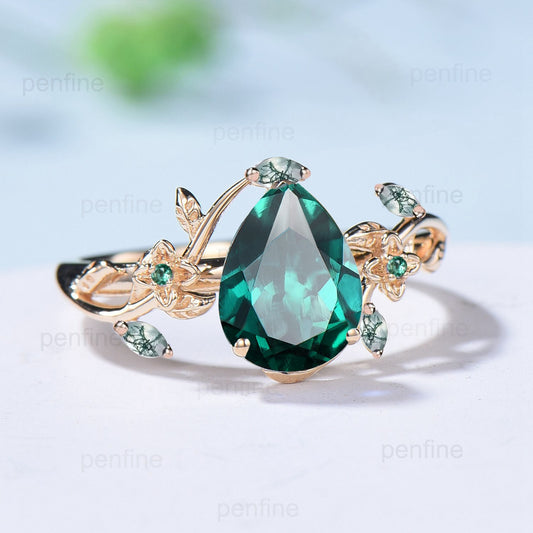 Elegant Pear Shaped Emerald Engagement Ring Nature Inspired Aquatic Agate Wedding Ring Flower Crystal Anniversary Ring Branch Leaf Vine Ring - PENFINE