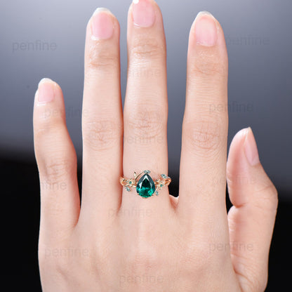 Elegant Pear Shaped Emerald Engagement Ring Nature Inspired Aquatic Agate Wedding Ring Flower Crystal Anniversary Ring Branch Leaf Vine Ring - PENFINE