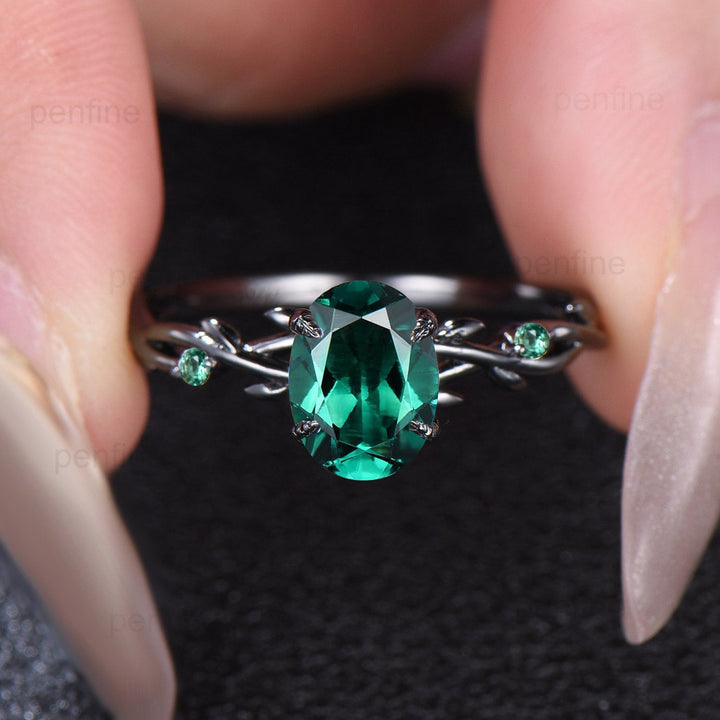 Black Gold Oval Emerald Engagement Ring Leaf Branch Lab emerald Promise Ring Nature Inspired Wedding Ring Unique Twig Anniversary Gift Mom - PENFINE