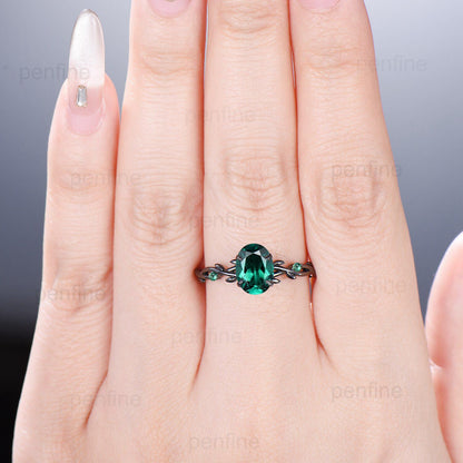 Black Gold Oval Emerald Engagement Ring Leaf Branch Lab emerald Promise Ring Nature Inspired Wedding Ring Unique Twig Anniversary Gift Mom - PENFINE