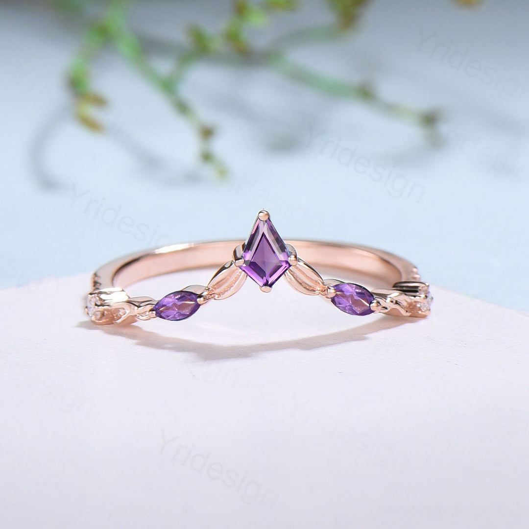 Amethyst Wedding Band: Rose Gold Twisted Vine Kite Stacking Ring - PENFINE