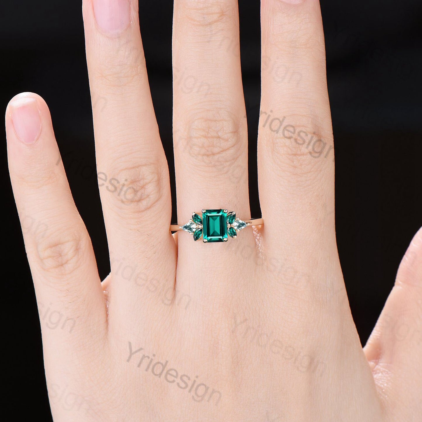 2 Carat Emerald Cut Emerald Engagement Ring Vintage Kite Moss Agate Marquise Emerald Wedding Ring For Unique March Birthstone Gift for Women - PENFINE