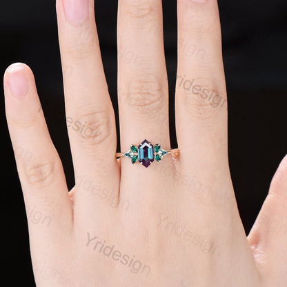 Vintage long hexagon alexandrite engagement ring set Unique cluster marquise emerald kite moss agate bridal set opal amethyst stacking band - PENFINE