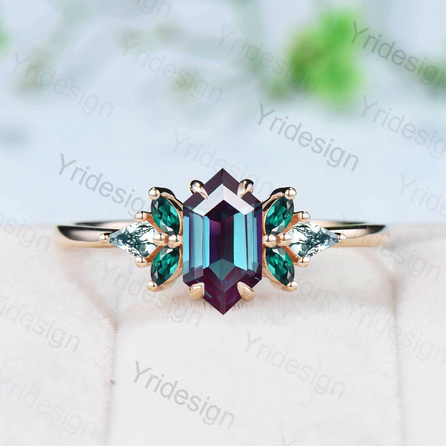 Vintage long hexagon alexandrite engagement ring set Unique cluster marquise emerald kite moss agate bridal set opal amethyst stacking band - PENFINE