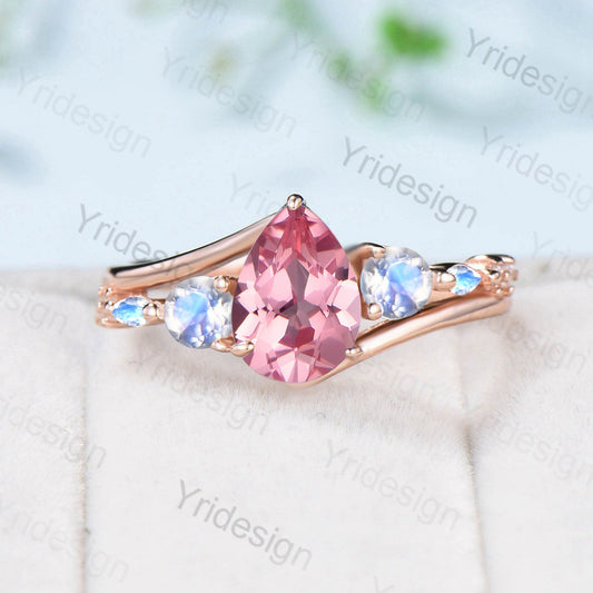 Vintage Papalacha Sapphire sapphire engagement ring Pear Shaped sapphire wedding ring split shank moonstone handmade proposal gifts women - PENFINE