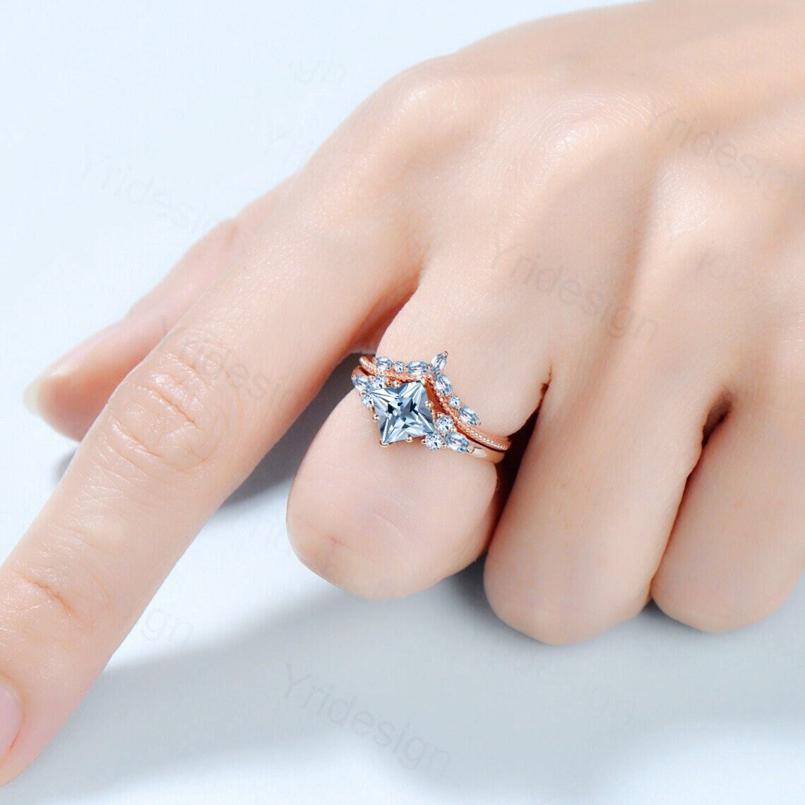 Art Deco Princess Cut Natural Aquamarine Engagement Ring Set Silver Rose Gold Unique 2CT March Birthstone Bridal Wedding Ring Set For Women - PENFINE