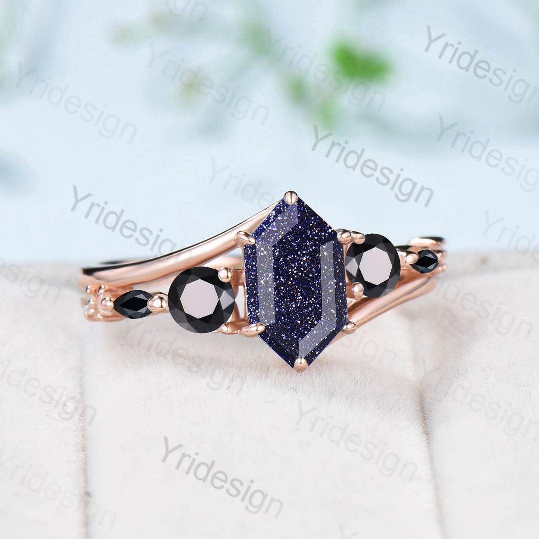 Long Hexagon Blue Sandstone Engagement Ring Split Shank Goldstone 5 Stone Black Spinel Wedding Ring Unique Handmade Proposal Gifts for Women - PENFINE