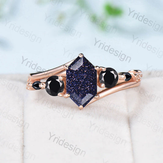 Long Hexagon Blue Sandstone Engagement Ring Split Shank Goldstone 5 Stone Black Spinel Wedding Ring Unique Handmade Proposal Gifts for Women - PENFINE