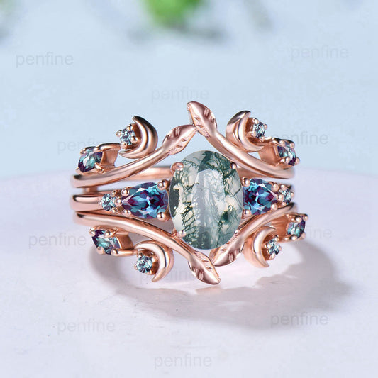 Nature Inspired oval moss agate engagement ring set rose gold Leaf vine moon green agate wedding ring double vintage pear alexandrite band - PENFINE