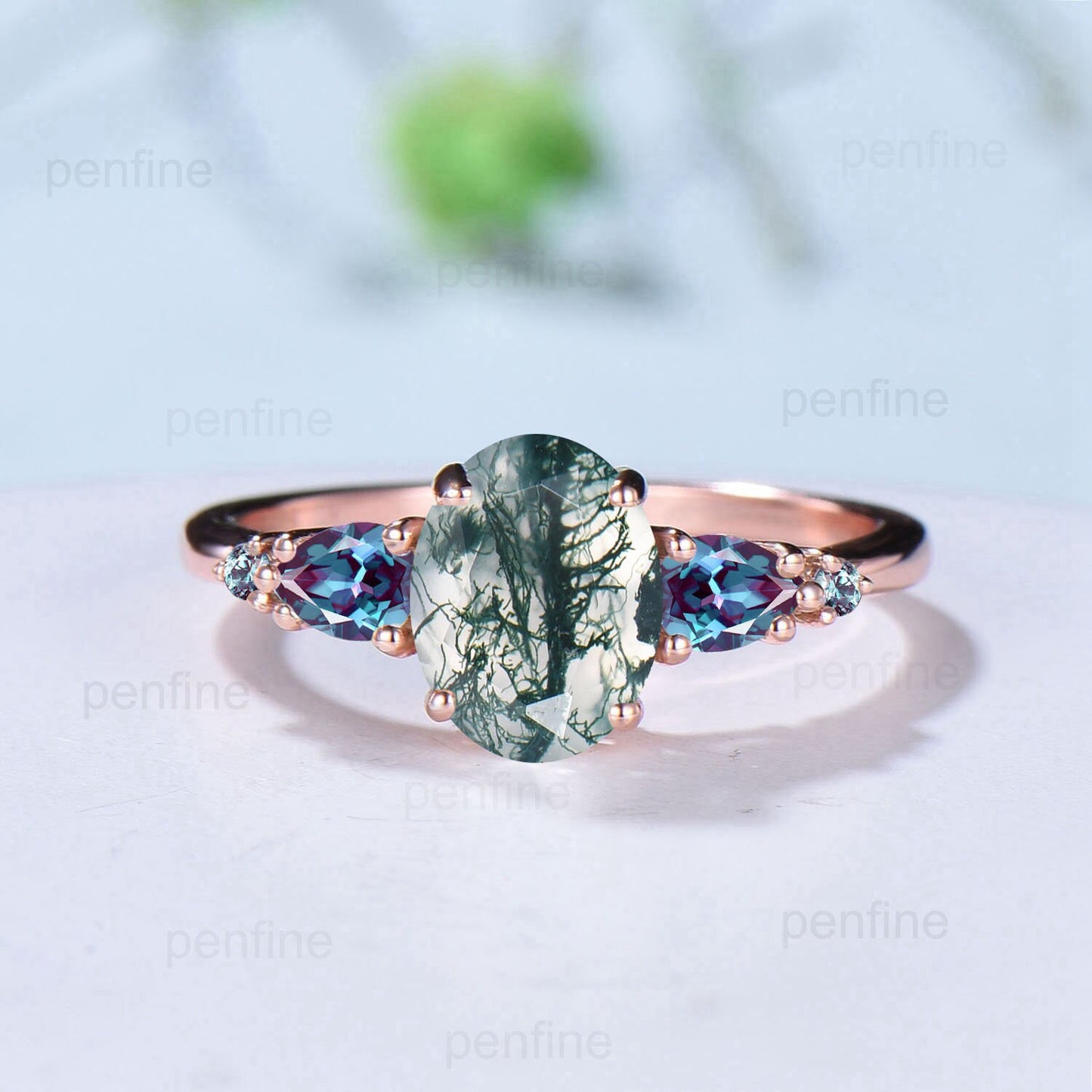 Nature Inspired oval moss agate engagement ring set rose gold Leaf vine moon green agate wedding ring double vintage pear alexandrite band - PENFINE