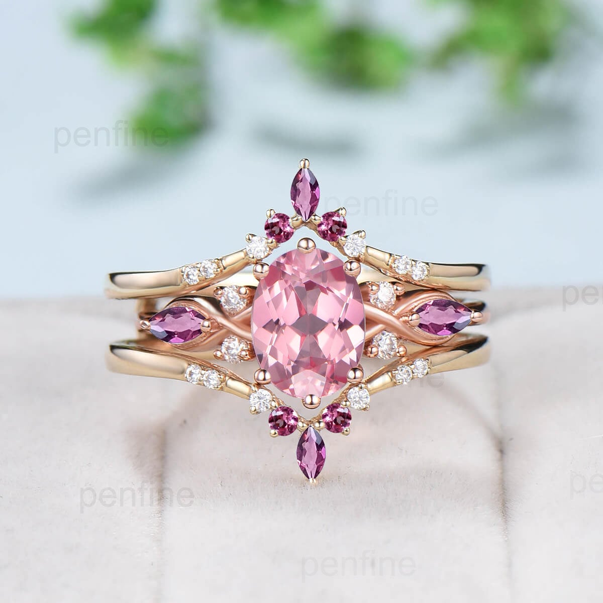 2.17 Ct Round Cut Pink popular Sapphire Engagement Ring Set - Halo Bridal Ring Set - Wedding Band Set - 3PCS Ring Set - Promise Trio Ring Set