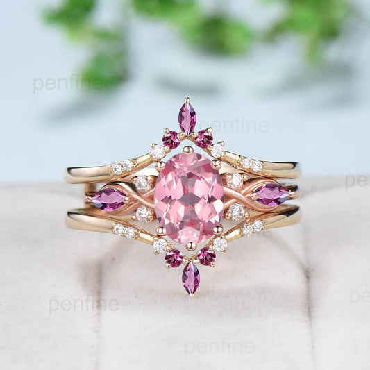 1.5CT Oval Papalacha Sapphire Engagement Ring Set Vintage Pink Tourmaline Wedding Ring Set Double Curved Stacking Matching Band Bridal Set - PENFINE