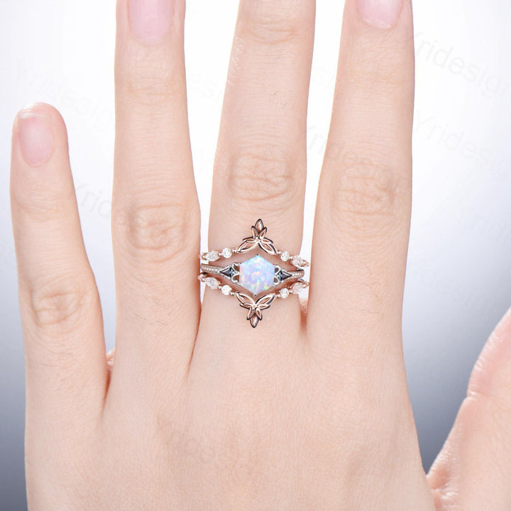 Vintage Opal Ring Set Natural Inspired Hexagon Opal Leaf Engagement Ring White Gold Milgrain Celtic Kite Alexandrite Bridal Ring Set Women - PENFINE