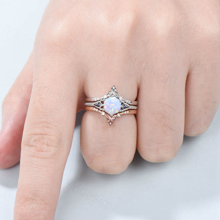 Vintage Opal Ring Set Natural Inspired Hexagon Opal Leaf Engagement Ring White Gold Milgrain Celtic Kite Alexandrite Bridal Ring Set Women - PENFINE