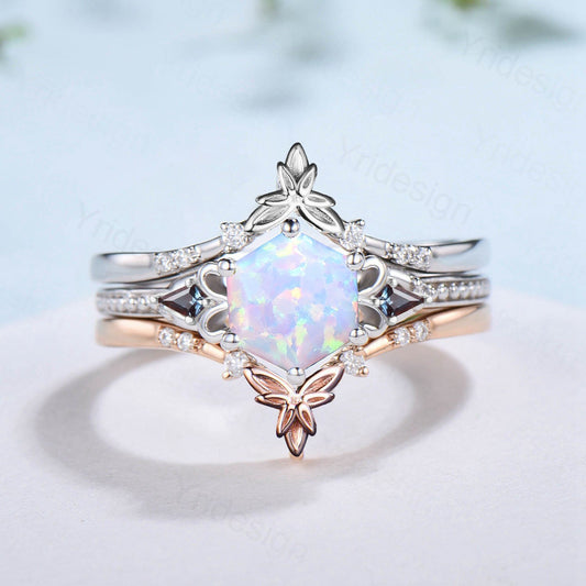 Vintage Opal Ring Set Natural Inspired Hexagon Opal Leaf Engagement Ring White Gold Milgrain Celtic Kite Alexandrite Bridal Ring Set Women - PENFINE