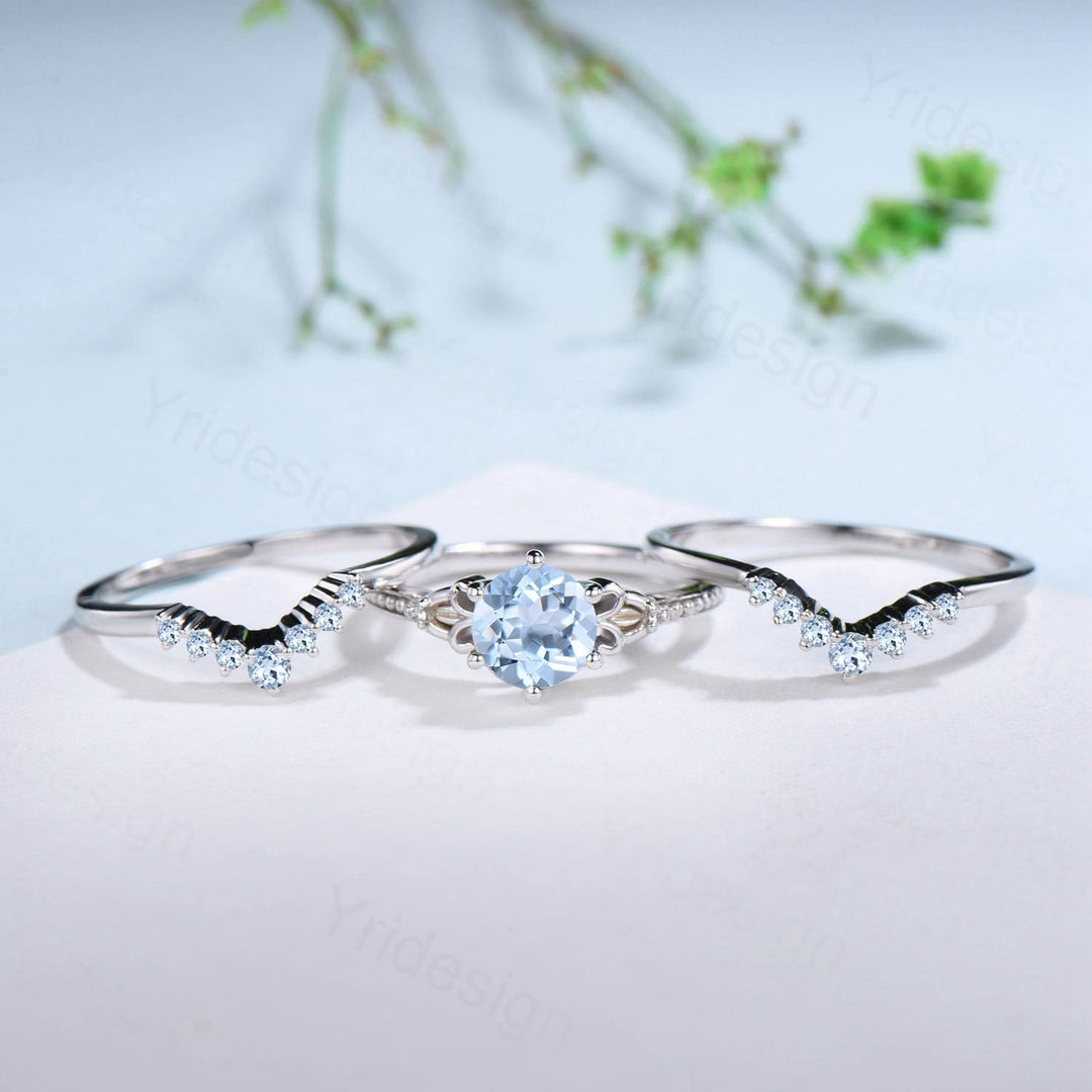 Art Deco Aquamarine Wedding Ring Set, 1 Carat White Gold Bridal Ring - PENFINE