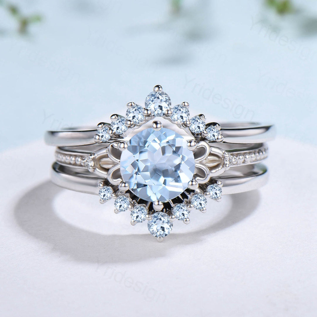 Art Deco Aquamarine Wedding Ring Set, 1 Carat White Gold Bridal Ring - PENFINE