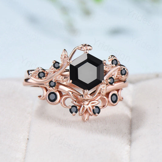 Leaf Vine Black Onyx Engagement Ring Set Hexagon Cut Seven Stone Cluster Spinel Wedding Ring Rose Gold Floral Nature Inspired Bridal Set - PENFINE