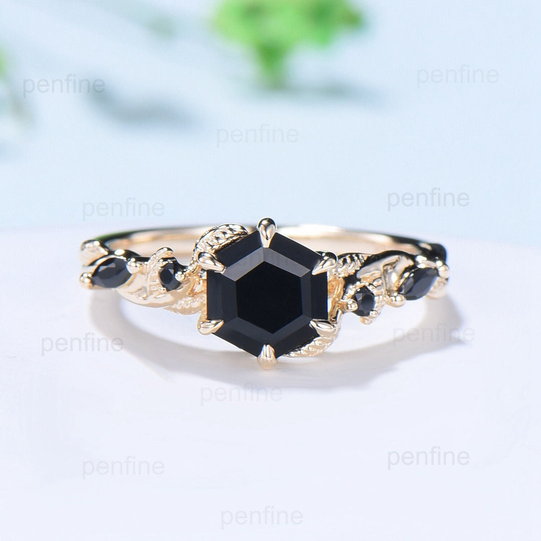 Unique yellow gold black onyx engagement ring set Nature Inspired black stone wedding ring set vintage Retro spinel Leaf Vine bridal set - PENFINE