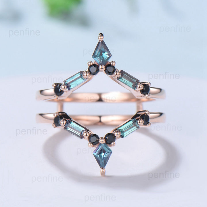 Double V curved kite baguette alexandrite wedding band enhancer wraps solid rose gold vintage black spinel stacking band anniversary gift - PENFINE