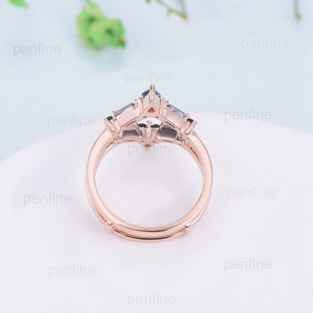 Double V curved kite baguette alexandrite wedding band enhancer wraps solid rose gold vintage black spinel stacking band anniversary gift - PENFINE