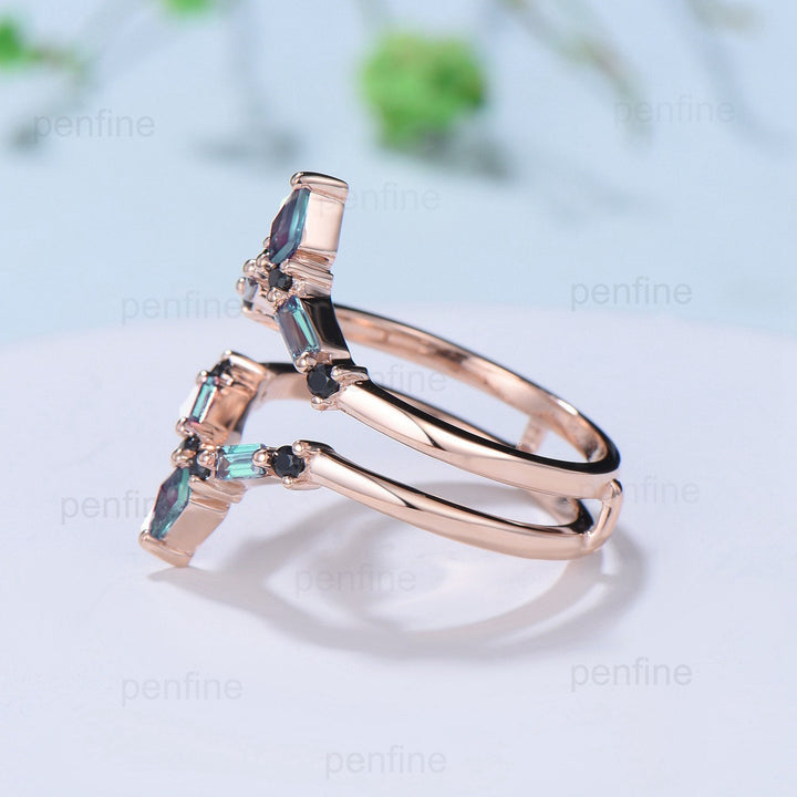 Double V curved kite baguette alexandrite wedding band enhancer wraps solid rose gold vintage black spinel stacking band anniversary gift - PENFINE