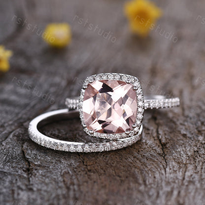 3ct Cushion Cut Morganite Engagement Ring Set: Diamond 14K White Gold Wedding Band