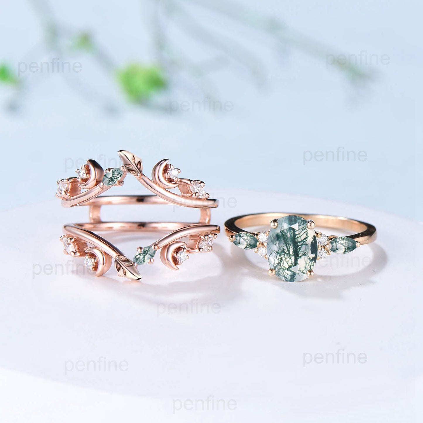 1.5CT Natural Oval Moss Agate Engagement Ring Set Marquise Aquatic Agate Moon Wedding Ring Nature Inspired Double Leaf Stacking Bridal Set - PENFINE