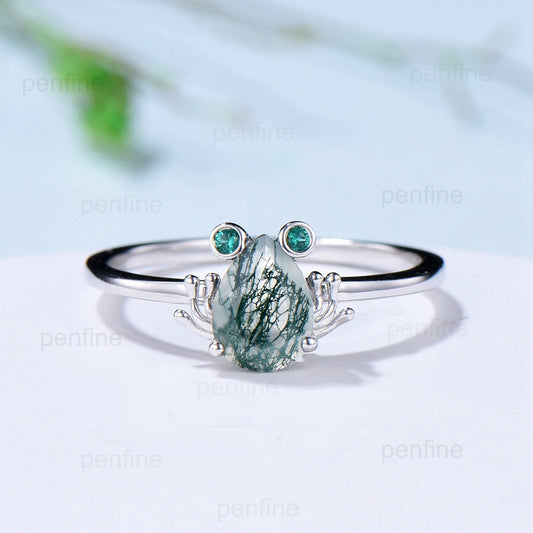 Vintage Frog moss agate engagement ring Animal inspired pear shaped aquatic agate wedding ring for women dainty anniversary ring for girl - PENFINE