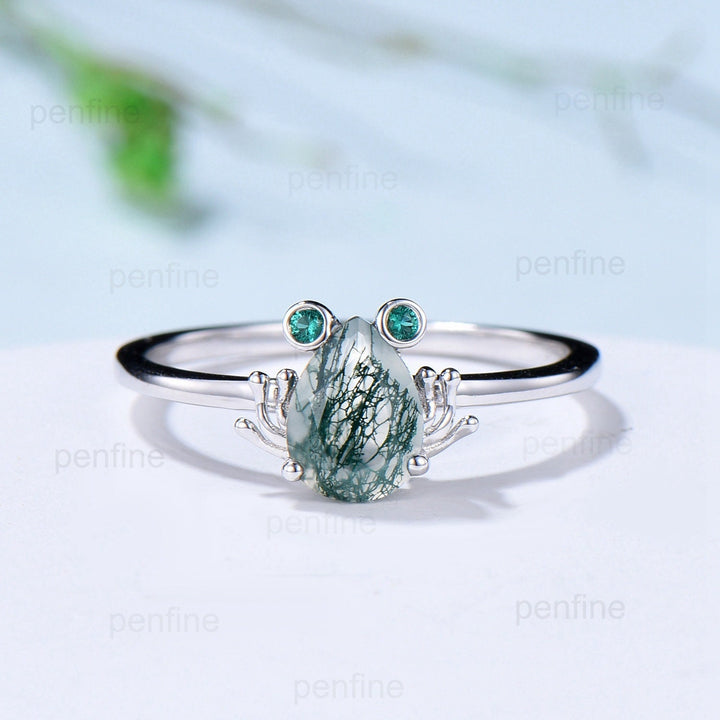 Unique moss agate engagement ring set, Frog animal inspired green agate wedding set, women pear shaped bridal set anniversary ring for girl - PENFINE