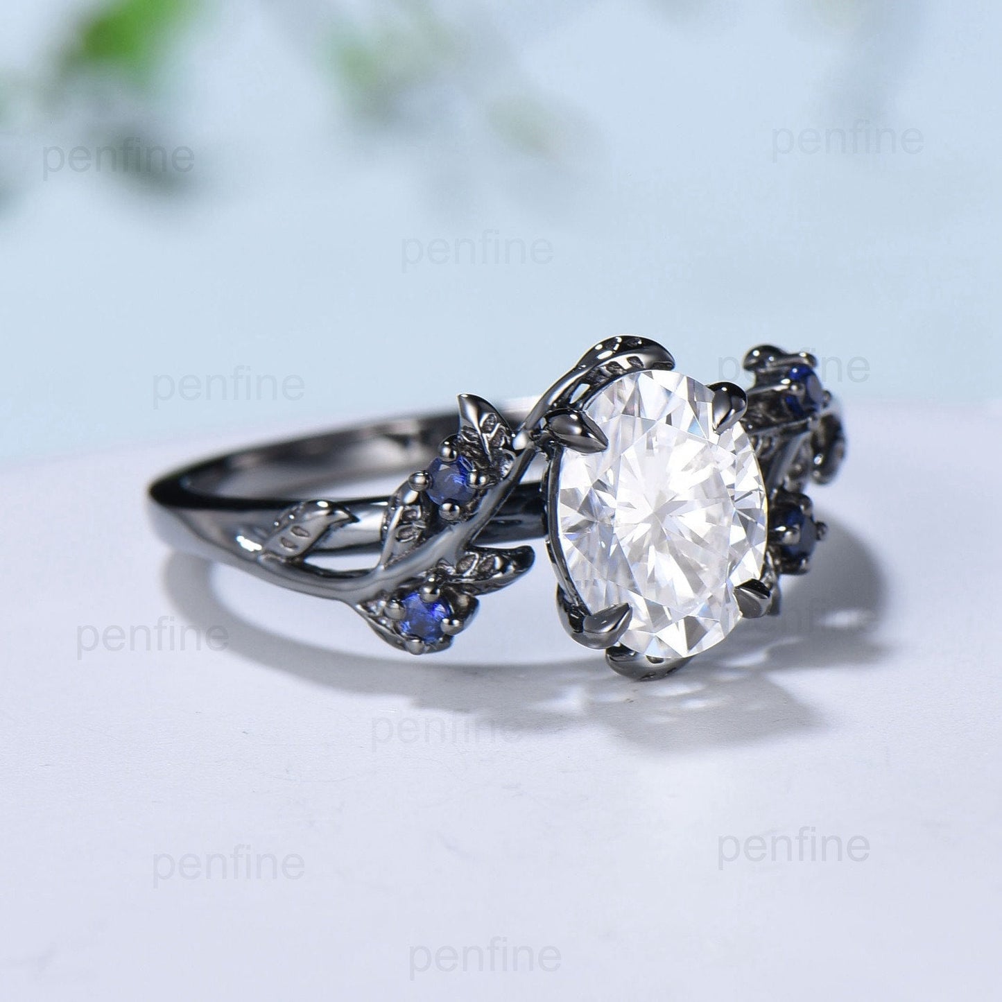 Nature Inspired Brilliant Moissanite ring Leaf Branch Oval Moissanite Engagement Ring  Black Gold Wedding Ring Unique Twig Vine Promise Ring - PENFINE