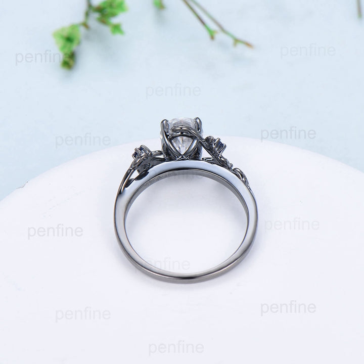 Nature Inspired Brilliant Moissanite ring Leaf Branch Oval Moissanite Engagement Ring  Black Gold Wedding Ring Unique Twig Vine Promise Ring - PENFINE