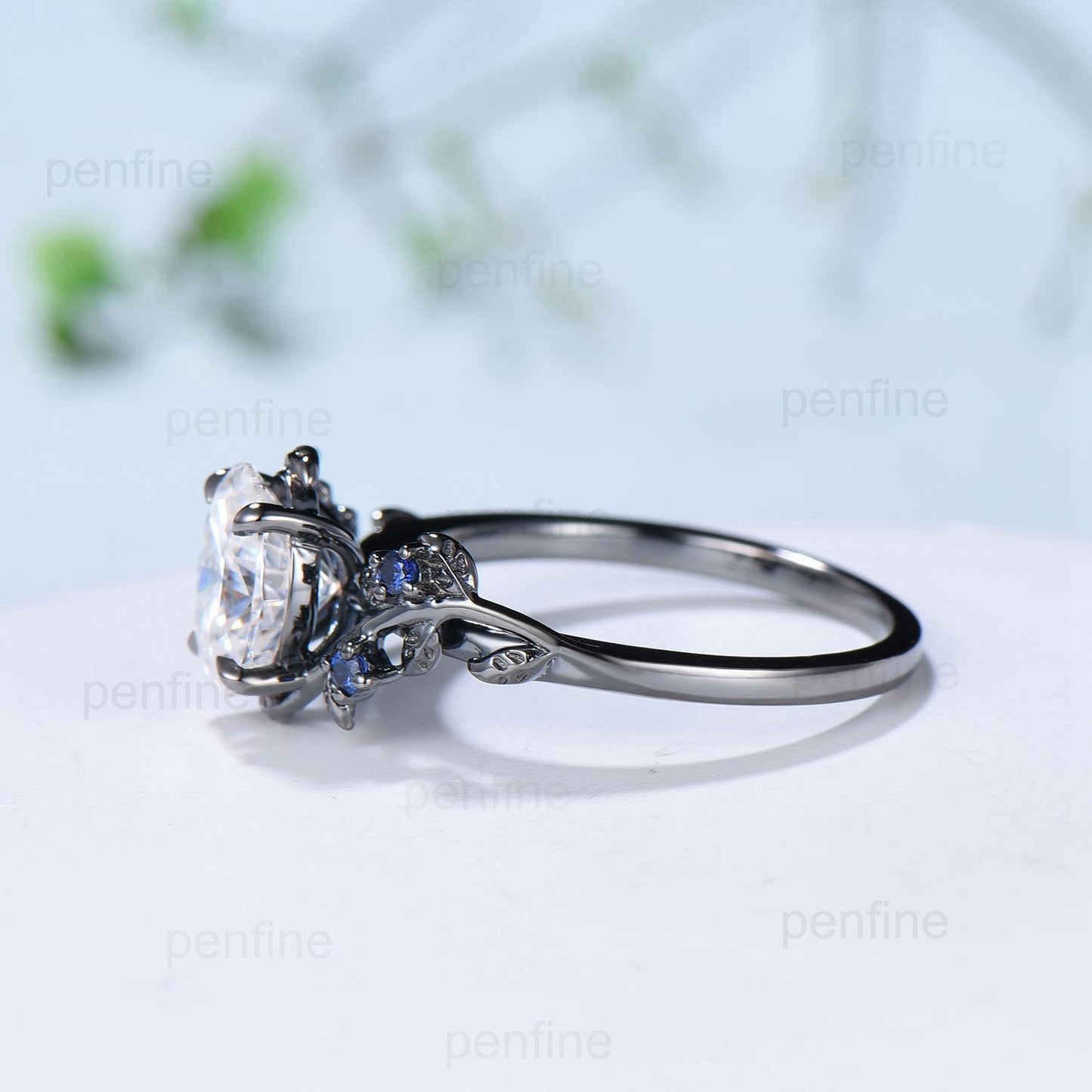 Nature Inspired Brilliant Moissanite ring Leaf Branch Oval Moissanite Engagement Ring  Black Gold Wedding Ring Unique Twig Vine Promise Ring - PENFINE