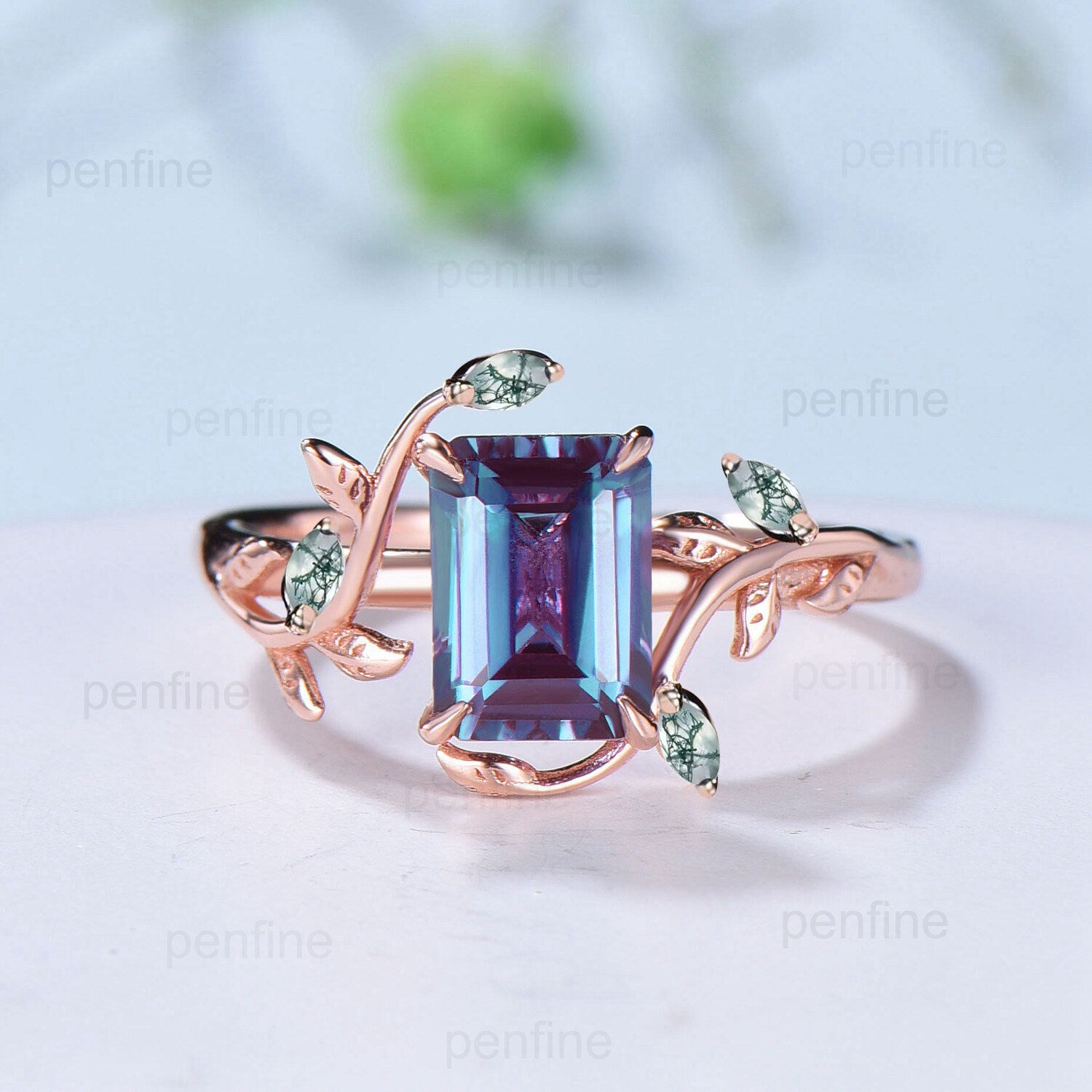 Vintage emerald cut alexandrite engagement ring set nature inspired green moss agate wedding set double leaf moon moissanite stacking band - PENFINE