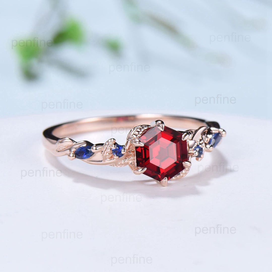 Nature Inspired Red Ruby Engagement Ring Unique Twig  Lab Ruby Sapphire Wedding Ring Branch Promise Ring Handmade Proposal Gifts for Women - PENFINE