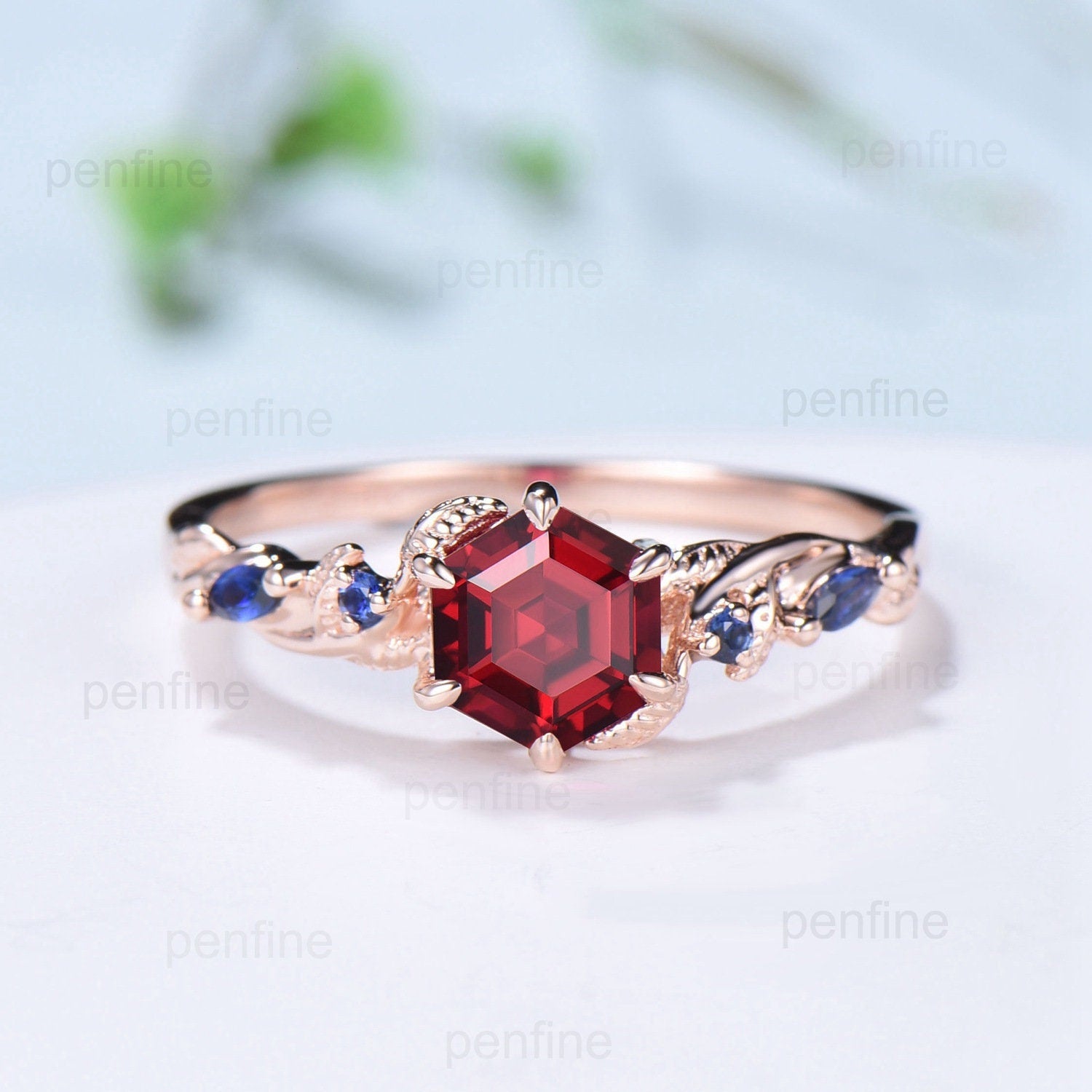 Nature Inspired Red Ruby Engagement Ring Unique Twig  Lab Ruby Sapphire Wedding Ring Branch Promise Ring Handmade Proposal Gifts for Women - PENFINE