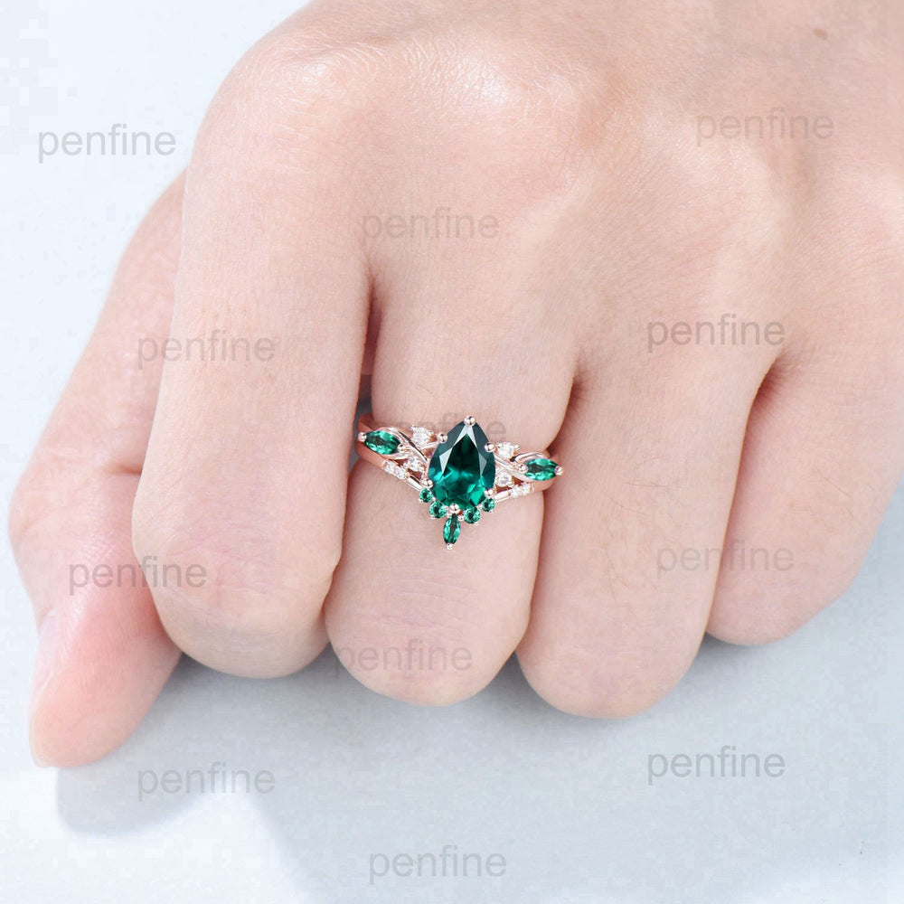 1.25CT Lab Emerald Wedding Ring Set Teardrop Emerald Engagement Ring Set Unique 14k Rose Gold Floral Marquise May Birthstone Bridal Set - PENFINE