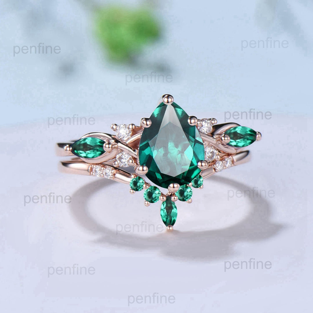 1.25CT Lab Emerald Wedding Ring Set Teardrop Emerald Engagement Ring Set Unique 14k Rose Gold Floral Marquise May Birthstone Bridal Set - PENFINE