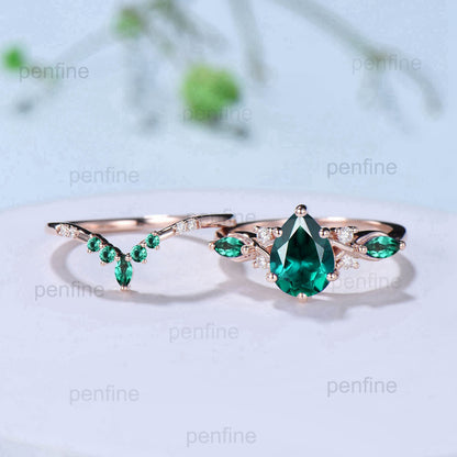 1.25CT Lab Emerald Wedding Ring Set Teardrop Emerald Engagement Ring Set Unique 14k Rose Gold Floral Marquise May Birthstone Bridal Set - PENFINE