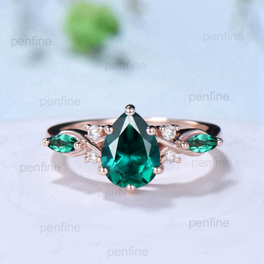 1.25CT Lab Emerald Wedding Ring Set Teardrop Emerald Engagement Ring Set Unique 14k Rose Gold Floral Marquise May Birthstone Bridal Set - PENFINE