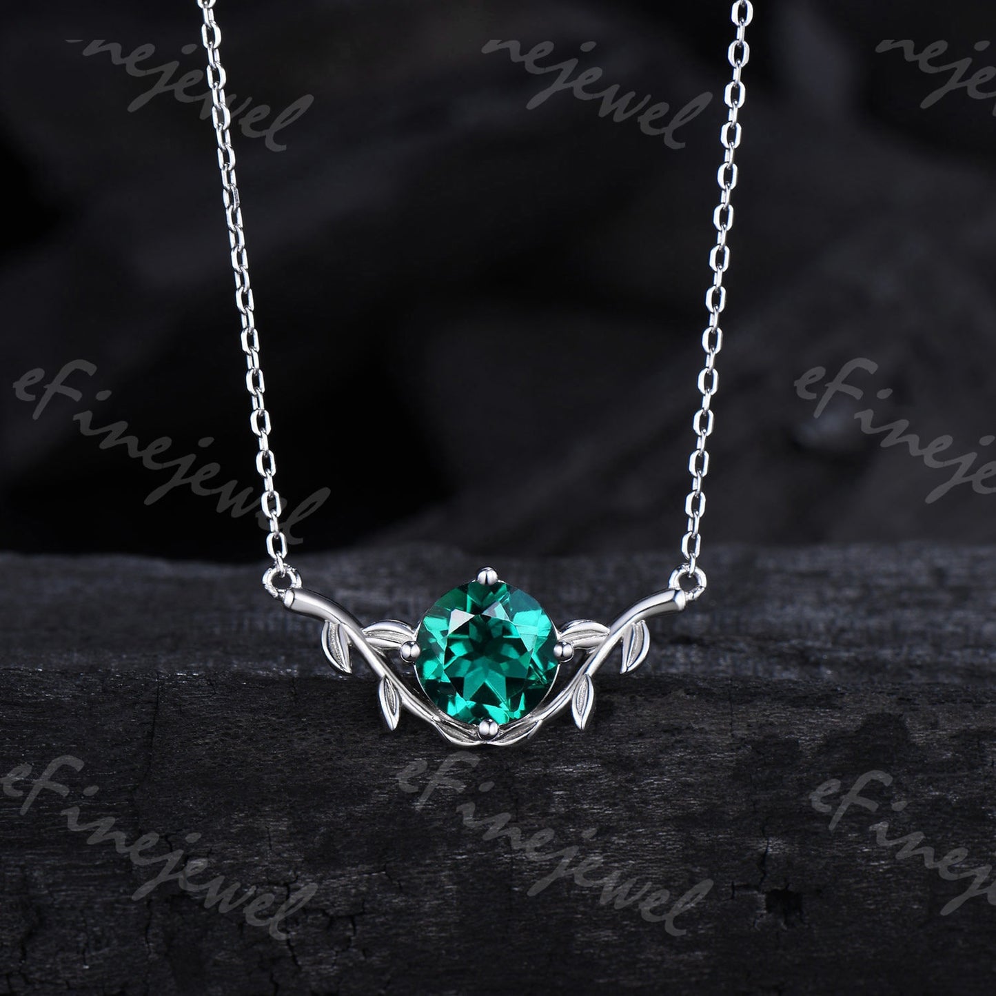 Lab Emerald Pendant Necklace, Leaf Vine, May Birthstone
