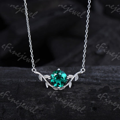 Lab Emerald Pendant Necklace, Leaf Vine, May Birthstone