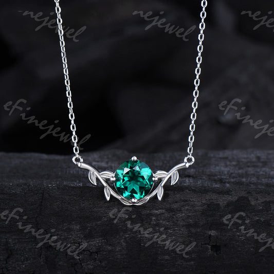 Lab Emerald Pendant Necklace, Leaf Vine, May Birthstone