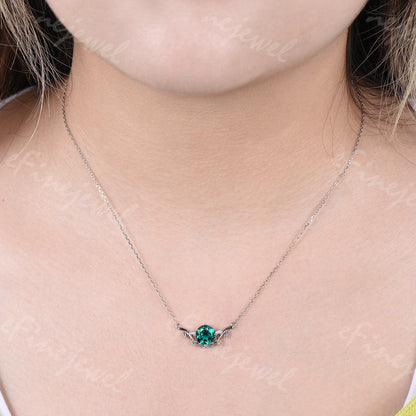 Lab Emerald Pendant Necklace, Leaf Vine, May Birthstone