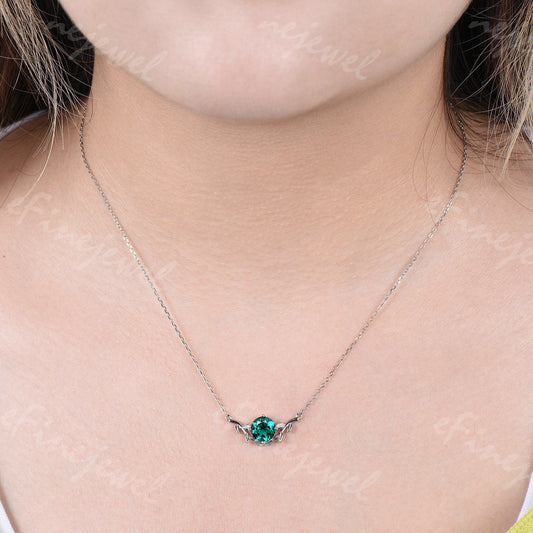 Lab Emerald Pendant Necklace, Leaf Vine, May Birthstone